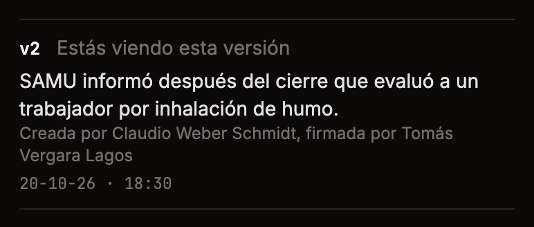 La versión 2 del parte, con el motivo de la rectificación y quién la creó y la firmó.