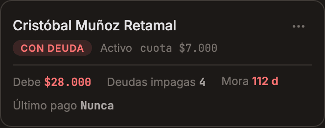 Las cuotas de tres voluntarios en Tesorería: categoría, cuota mensual y lo que debe cada uno.